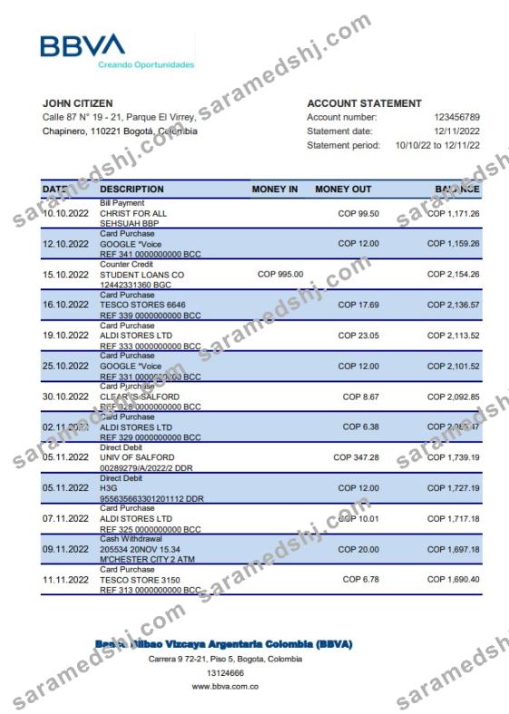 Colombia BBVA bank staement xls